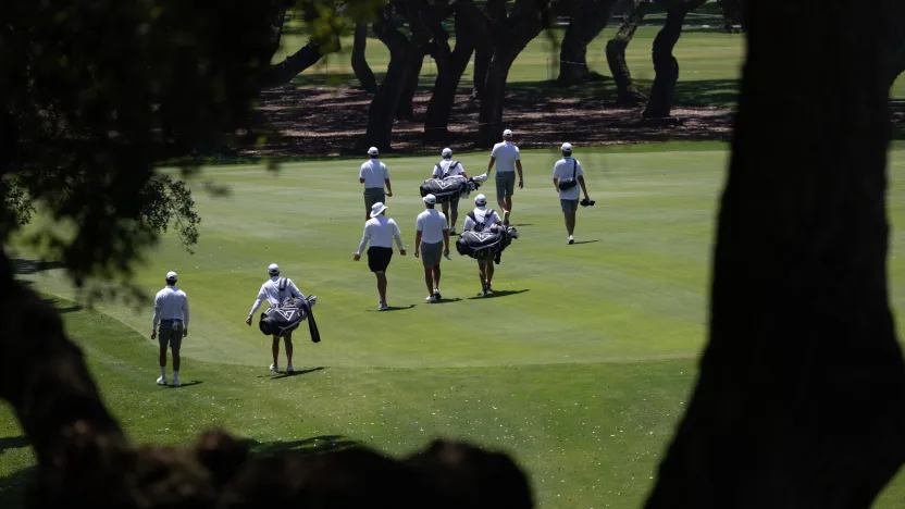 Andy Ogletree of HyFlyers GC caddie, Devin Stanton, Brendan Steele of HyFlyers GC caddie, Christian Donald, Cameron Tringale of HyFlyers GC and caddie, Jonathan Smart, walk on the 18th hole during the practice round before the start of LIV Golf Andalucía at Real Club Valderrama on Tuesday, July 08, 2025 in San Roque, Spain. (Photo by Jon Ferrey/LIV Golf)