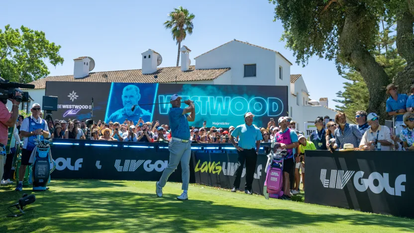 Co-Captain Lee Westwood of Majesticks GC hits his shot from the first tee during the first round of LIV Golf Andalucía at Real Club Valderrama on Friday, July 11, 2025 in San Roque, Spain. (Photo by Matthew Harris/LIV Golf)