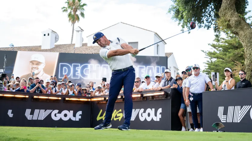Captain Bryson DeChambeau of Crushers GC hits his shot from the first tee during the second round of LIV Golf Andalucía at Real Club Valderrama on Saturday, July 12, 2025 in San Roque, Spain. (Photo by Charles Laberge/LIV Golf)
