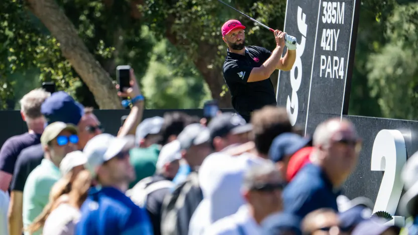 Captain Jon Rahm of Legion XIII hits his shot from the second tee during the final round of LIV Golf Andalucía at Real Club Valderrama on Sunday, July 13, 2025 in San Roque, Spain. (Photo by Charles Laberge/LIV Golf)