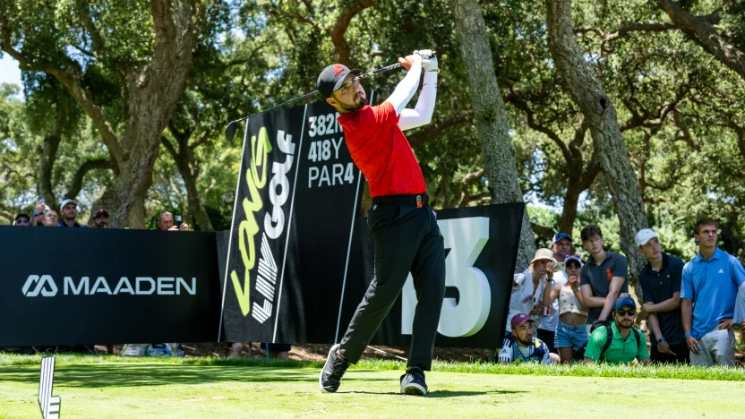 Abraham Ancer of Fireballs GC hits his shot from the 13th tee during the final round of LIV Golf Andalucía at Real Club Valderrama on Sunday, July 13, 2025 in San Roque, Spain. (Photo by Charles Laberge/LIV Golf)