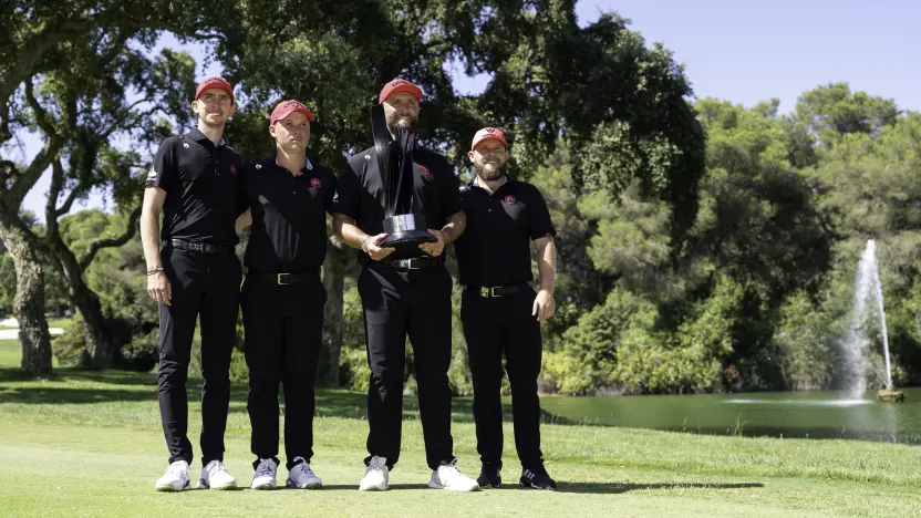 First place team champions, Captain Jon Rahm, Tom McKibbin, Caleb Surratt, Tyrrell Hatton of Legion XIII pose for a photo with the trophy after the final round of LIV Golf Andalucía at Real Club Valderrama on Sunday, July 13, 2025 in San Roque, Spain. (Photo by Mateo Villalba/LIV Golf)