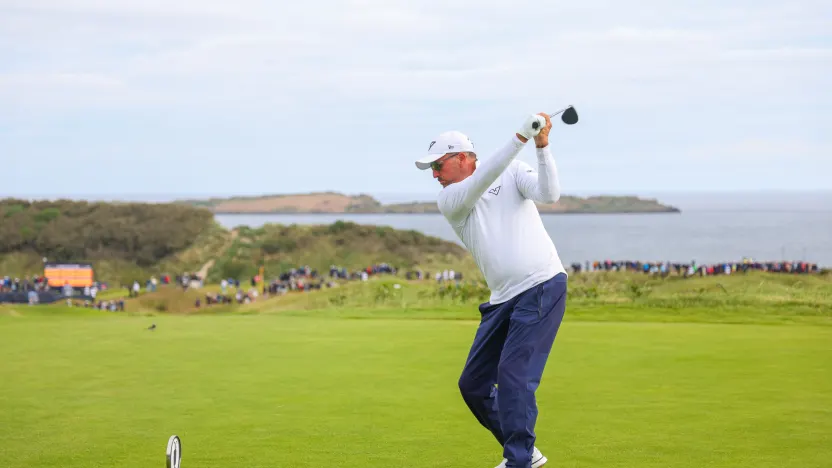 Captain Phil Mickelson of HyFlyers GC hits his shot from the fifth tee during the first round of The Open Championship at Royal Portrush Golf Club on Thursday, July 17, 2025 in Portrush, Northern Ireland. (Photo by Chris Trotman/LIV Golf)