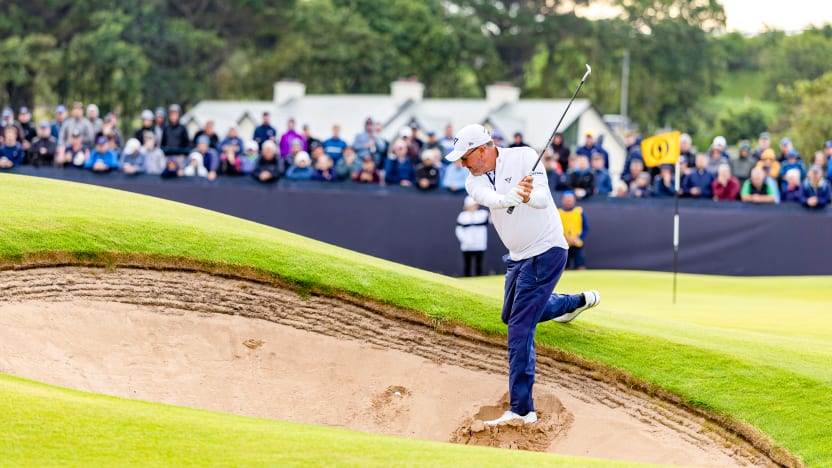 Captain Phil Mickelson of HyFlyers GC hits his shot from a bunker on the third hole during the first round of The Open Championship at Royal Portrush Golf Club on Thursday, July 17, 2025 in Portrush, Northern Ireland. (Photo by LIV Golf)