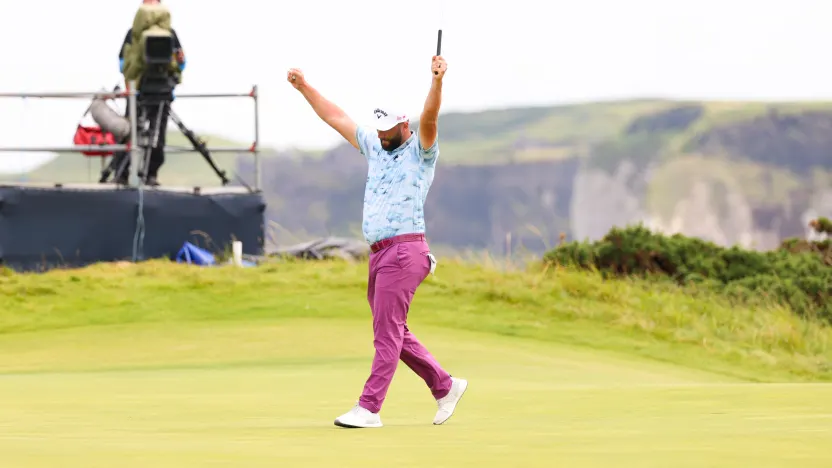 Captain Jon Rahm of Legion XIII reacts to his putt on the fifth green during the third round of The Open Championship at Royal Portrush Golf Club on Saturday, July 19, 2025 in Portrush, Northern Ireland. (Photo by Chris Trotman/LIV Golf)