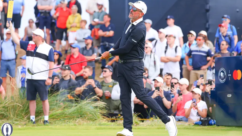 Captain Phil Mickelson of HyFlyers GC hits his shot from the ninth tee during the final round of The Open Championship at Royal Portrush Golf Club on Sunday, July 20, 2025 in Portrush, Northern Ireland. (Photo by Chris Trotman/LIV Golf)