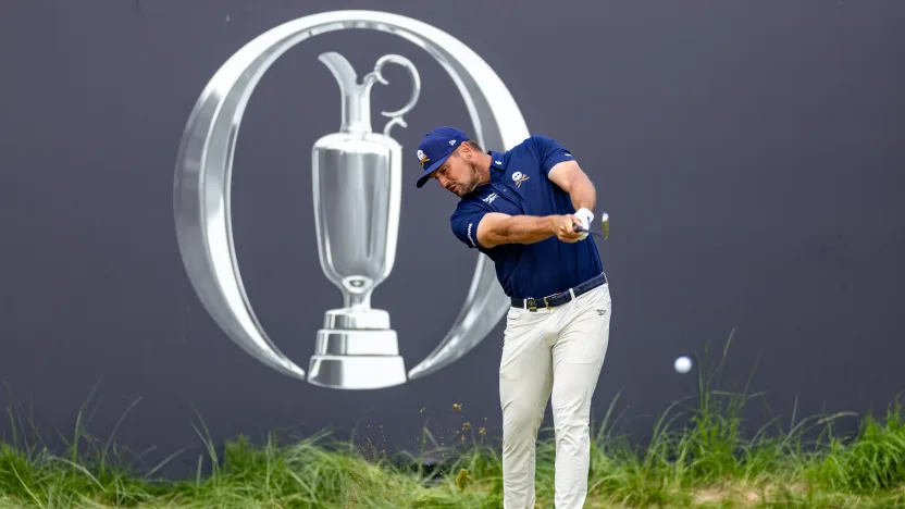 Captain Bryson DeChambeau of Crushers GC hits his shot from the first tee during the final round of The Open Championship at Royal Portrush Golf Club on Sunday, July 20, 2025 in Portrush, Northern Ireland. (Photo by LIV Golf)