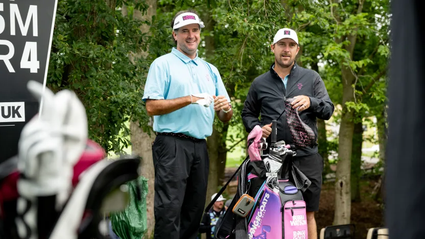 Captain Bubba Watson of RangeGoats GC and caddie, Kyle Peters, are seen on the eighth hole during the practice round before the start of LIV Golf United Kingdom by JCB at JCB Golf & Country Club on Tuesday, July 22, 2025 in Rocester, England. (Photo by Charles Laberge/LIV Golf)