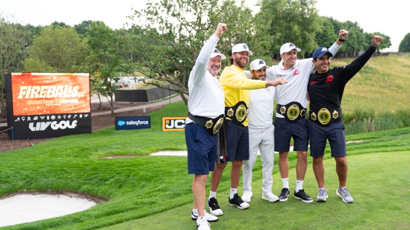 Fireball GC caddies, Neil Wallace, Ramon Bescansa, James Tee, Alberto Sanchez pose with Abraham Ancer of Fireballs GC after winning the Caddie Tournament before the start of LIV Golf United Kingdom at JCB Golf & Country Club on Wednesday, July 23, 2025 in Rocester, England. (Photo by Mateo Villalba/LIV Golf)