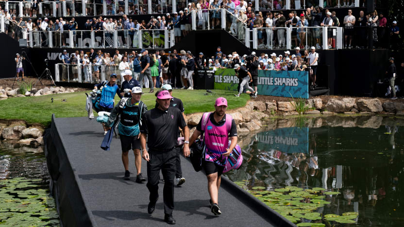 Captain Bubba Watson of RangeGoats GC and caddie, Kyle Peters are seen walking on the first hole during the second round of LIV Golf United Kingdom at JCB Golf & Country Club on Saturday, July 26, 2025 in Rocester, England. (Photo by Matthew Harris/LIV Golf)