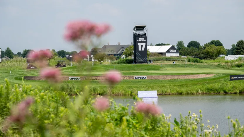 A general view of the seventeenth hole during the practice round before the start of LIV Golf Chicago at Bolingbrook Golf Club on Tuesday, August 05, 2025 in Bolingbrook, Illinois. (Photo by Charles Laberge/LIV Golf)