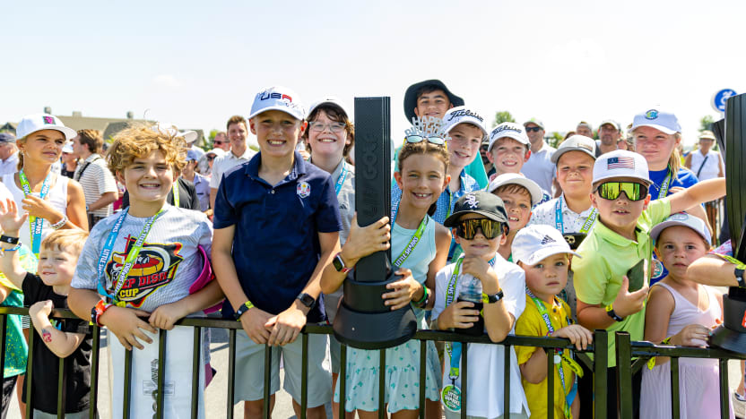 The Little Sharks are seen on the first tee before the first round of LIV Golf Chicago at Bolingbrook Golf Club on Friday, August 08, 2025 in Bolingbrook, Illinois. (Photo by Jon Ferrey/LIV Golf)