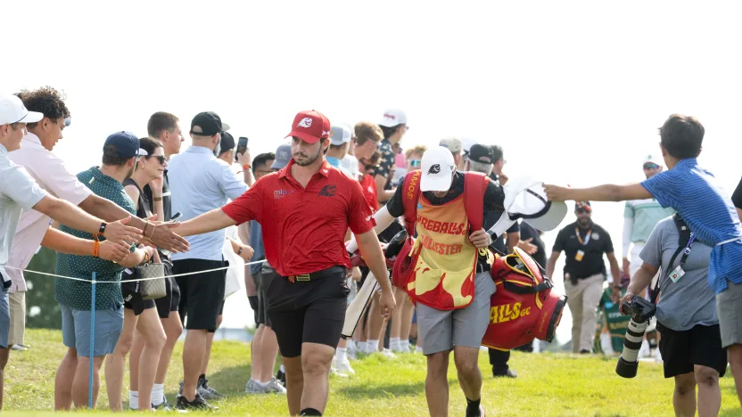 Josele Ballester of Fireballs GC high fives fans on the second hole during the final round of LIV Golf Chicago at Bolingbrook Golf Club on Sunday, August 10, 2025 in Bolingbrook, Illinois. (Photo by Charles Laberge/LIV Golf)