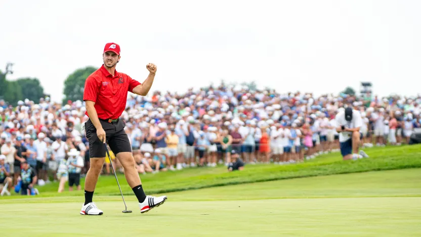 Josele Ballester of Fireballs GC reacts to his putt on the 18th green during the playoff of the final round of LIV Golf Chicago at Bolingbrook Golf Club on Sunday, August 10, 2025 in Bolingbrook, Illinois. (Photo by Mike Stobe/LIV Golf)