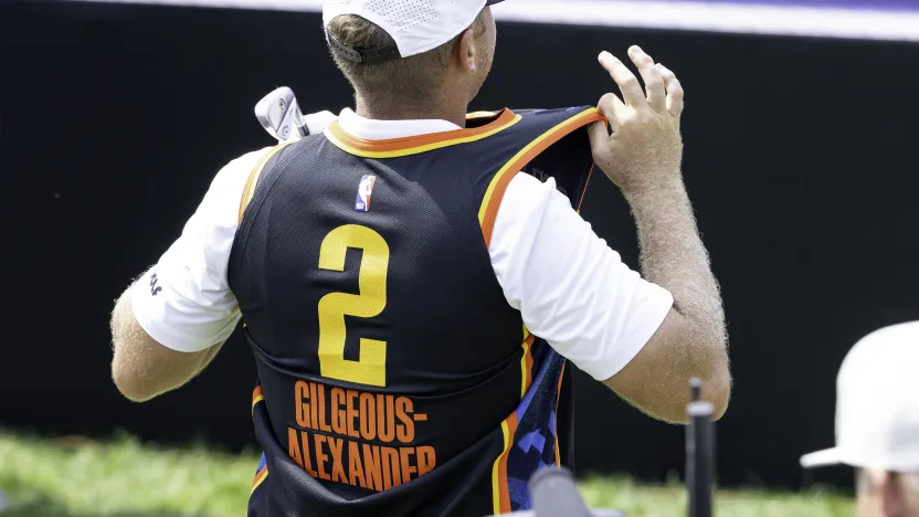 Talor Gooch of Smash GC interacts with the fans wearing an OKC jersey during the second round of LIV Golf Indianapolis at The Club at Chatham Hills on Saturday, August 16, 2025 in Westfield, Indiana. (Photo by Montana Pritchard/LIV Golf)