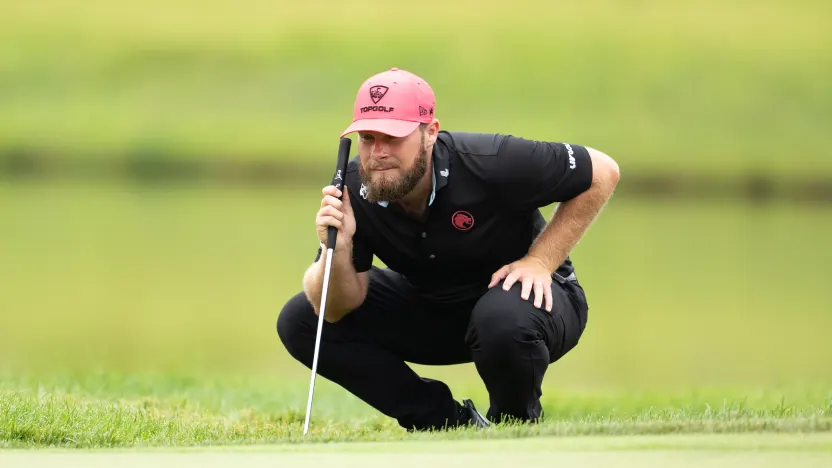 Tyrrell Hatton of Legion XIII reads his putt on the 12th green during the final round of LIV Golf Indianapolis at The Club at Chatham Hills on Sunday, August 17, 2025 in Westfield, Indiana. (Photo by Mateo Villalba/LIV Golf)