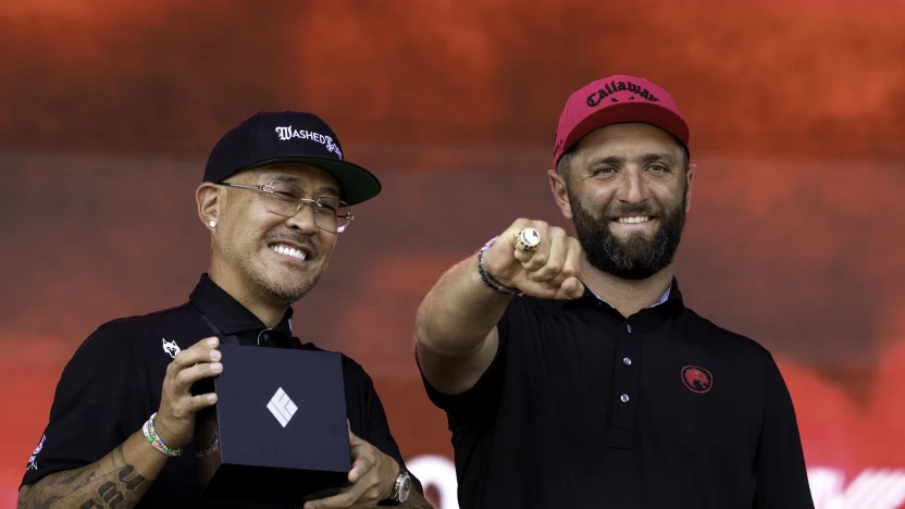 2025 Individual champion,Captain Jon Rahm of Legion XIII and jeweller, Ben Baller showcase the championship ring at the trophy ceremony after the final round of LIV Golf Indianapolis at The Club at Chatham Hills on Sunday, August 17, 2025 in Westfield, Indiana. (Photo by Scott Taetsch/LIV Golf)