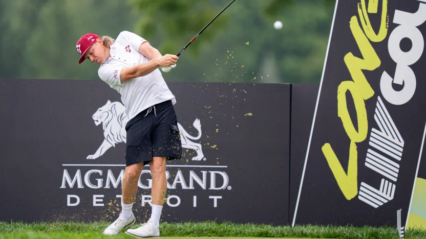 Captain Cameron Smith of Ripper GC hits his shot from the third tee during the practice round before the start of LIV Golf Team Championship Michigan at The Cardinal at Saint John’s on Tuesday, August 19, 2025 in Plymouth, MIchigan. (Photo by Pedro Salado/LIV Golf)