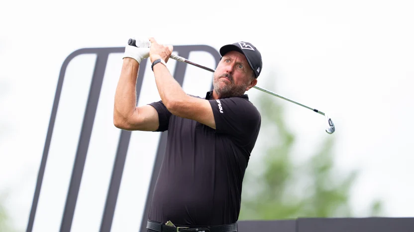 Captain Phil Mickelson of HyFlyers GC hits his shot from the third tee during the practice round before the start of LIV Golf Team Championship Michigan at The Cardinal at Saint John’s on Wednesday, August 20, 2025 in Plymouth, MIchigan. (Photo by Mateo Villalba/LIV Golf)