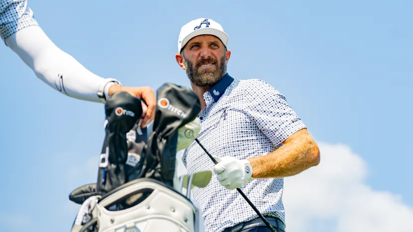 Captain Dustin Johnson of 4Aces GC watches his shot from the fourth tee during the quarterfinals of LIV Golf Team Championship Michigan at The Cardinal at Saint John’s on Friday, August 22, 2025 in Plymouth, MIchigan. (Photo by Charles Laberge/LIV Golf)