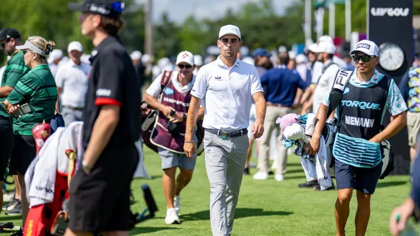 Captain Joaquín Niemann of Torque GC walks to the driving range before the starts of the quarterfinals of LIV Golf Team Championship Michigan at The Cardinal at Saint John’s on Friday, August 22, 2025 in Plymouth, MIchigan. (Photo by Charles Laberge/LIV Golf)
