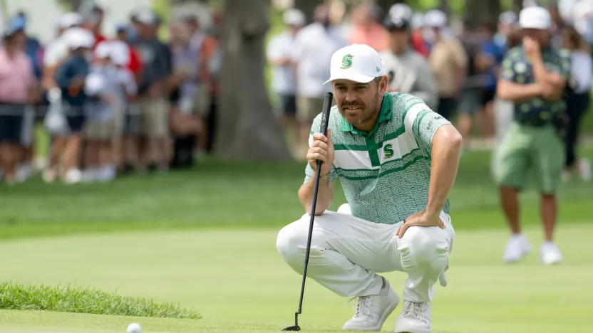 Captain Louis Oosthuizen of Stinger GC reads his putt on the first green during the final round of LIV Golf Team Championship Michigan at The Cardinal at Saint John’s on Sunday, August 24, 2025 in Plymouth, MIchigan. (Photo by Charles Laberge/LIV Golf)