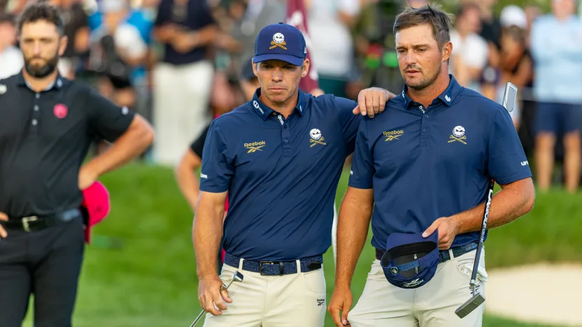 Paul Casey of Crushers GC and Captain Bryson DeChambeau of Crushers GC react after the final putt following the final round of LIV Golf Team Championship Michigan at The Cardinal at Saint John’s on Sunday, August 24, 2025 in Plymouth, MIchigan. (Photo by Scott Taetsch/LIV Golf)