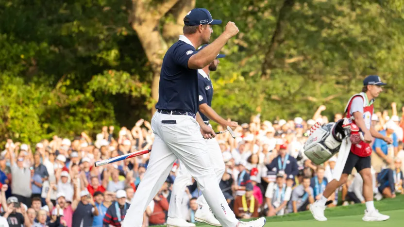 Bryson DeChambeau of Team USA reacts after his putt during the morning foursomes of the Ryder Cup at Bethpage Black Golf Course on Saturday, September 27, 2025 in Farmingdale, New York. (Photo by Charles Laberge/LIV Golf)