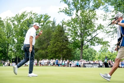 Captain Phil Mickelson of HyFlyers GC reacts to his putt on the first green during the second round of LIV Golf Virginia at Robert Trent Jones Golf Club on Saturday, June 07, 2025 in Gainesville, Virginia. (Photo by Charles Laberge/LIV Golf)