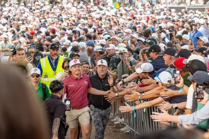 Captain Cameron Smith of Ripper GC celebrates with the crowd as he walks off after Ripper GC won the playoff round of LIV Golf Adelaide at the Grange Golf Club on Sunday, April 28, 2024 in Adelaide, Australia. (Photo by Chris Trotman/LIV Golf)