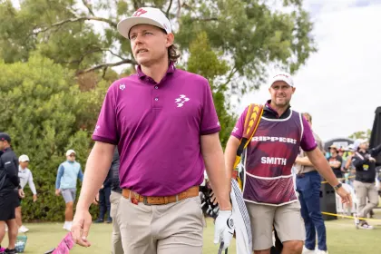 Captain Cameron Smith of Ripper GC and caddie, Sam Pinfold,  on the driving range during the final round of LIV Golf Adelaide at Grange Golf Club on Sunday, February 16, 2025 in Adelaide, Australia. (Photo by LIV Golf)