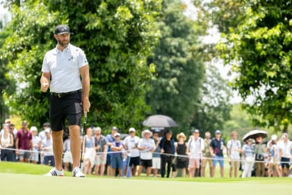 Captain Dustin Johnson of 4Aces GC seen on the 15th green during the second round of LIV Golf Singapore at Sentosa Golf Club on Saturday, March 15, 2025 in Sentosa, Singapore. (Photo by Charles Laberge/LIV Golf)