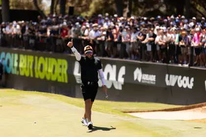 Dean Burmester of Stinger GC interacts with the fans on the 12th hole during the final round of LIV Golf Adelaide at Grange Golf Club on Sunday, February 16, 2025 in Adelaide, Australia. (Photo by Scott Taetsch/LIV Golf)