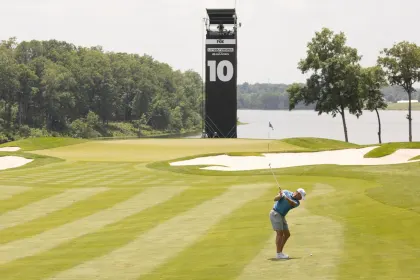 Co-Captain Lee Westwood of Majesticks GC hits his shot on the 10th hole during the first round of LIV Golf Virginia at Robert Trent Jones Golf Club on Friday, June 06, 2025 in Gainesville, Virginia. (Photo by LIV Golf)