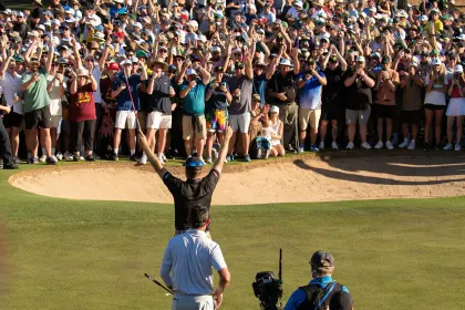 Talor Gooch of RangeGoats GC celebrates his win as the gallery cheers during the final round of LIV Golf Adelaide at the Grange Golf Club on Sunday, Apr. 23, 2023 in Adelaide, Australia. (Photo by Jason O'Brien/LIV Golf)