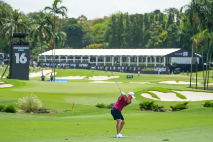 Caleb Surratt of Legion XIII hits his shot on the 16th hole during the second round of LIV Golf Singapore at Sentosa Golf Club on Saturday, March 15, 2025 in Sentosa, Singapore. (Photo by Mike Stobe/LIV Golf)