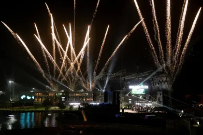 A general view of the fireworks during the shotgun start during the first round of LIV Golf Riyadh at Riyadh Golf Club on Thursday, February 06, 2025 in Riyadh, Saudi Arabia. (Photo by Montana Pritchard/LIV Golf)