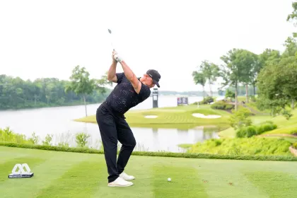 Content creator, Evan Thompson hits his shot from the 11th tee during the pro-am before the start of LIV Golf Virginia at Robert Trent Jones Golf Club on Thursday, June 05, 2025 in Gainesville, Virginia. (Photo by Mateo Villalba/LIV Golf)