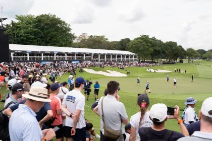 An overview of the 18th hole during the final round of LIV Golf Singapore at Sentosa Golf Club on Sunday, March 16, 2025 in Sentosa, Singapore. (Photo by Mateo Villalba/LIV Golf)