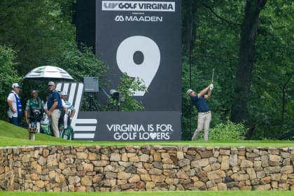 Talor Gooch of Smash GC hits his shot from the ninth tee during the final round of LIV Golf Virginia at Robert Trent Jones Golf Club on Sunday, June 08, 2025 in Gainesville, Virginia. (Photo by Charles Laberge/LIV Golf)