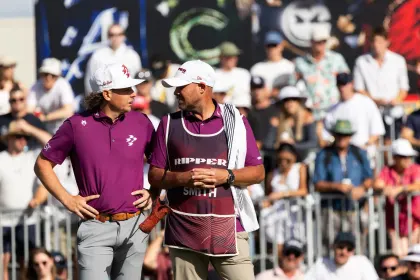 Captain Cameron Smith of Ripper GC and caddie, Sam Pinfold, seen during the first round of LIV Golf Adelaide at Grange Golf Club on Friday, February 14, 2025 in Adelaide, Australia. (Photo by Matt Turner/LIV Golf)