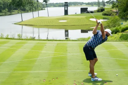 Captain Dustin Johnson of 4Aces GC hits his shot from the 11th tee during the practice round before the start of LIV Golf Virginia at Robert Trent Jones Golf Club on Tuesday, June 03, 2025 in Gainesville, Virginia. (Photo by Charles Laberge/LIV Golf)