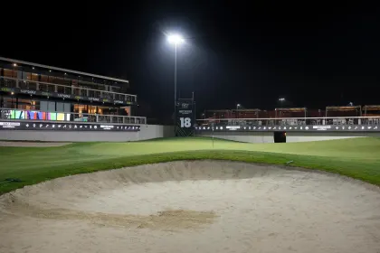 A scenic view of the 18th green before the start of LIV Golf Riyadh at Riyadh Golf Club on Monday, Feb. 03, 2025 in Riyadh, Saudi Arabia. (Photo by Charles Laberge/LIV Golf)