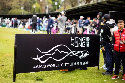 A general view of signage on the driving range during the final round of LIV Golf Hong Kong at the Hong Kong Golf Club Fanling on Sunday, March 10, 2024 in Fanling, Hong Kong. (Photo by Chris Trotman/LIV Golf)