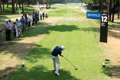 Wild Card, Chieh-Po Lee,  hits his shot from the 12th tee during the second round of LIV Golf Mexico City at Club de Golf Chapultepec on Saturday, April 26, 2025 in Naucalpan, Mexico. (Photo by Charles Laberge/LIV Golf)