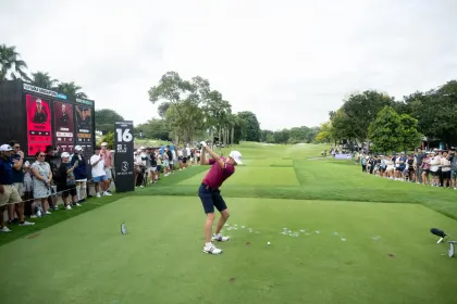 Tom McKibbin of Legion XIII hits his shot from the 16th tee during the second round of LIV Golf Singapore at Sentosa Golf Club on Saturday, March 15, 2025 in Sentosa, Singapore. (Photo by Charles Laberge/LIV Golf)