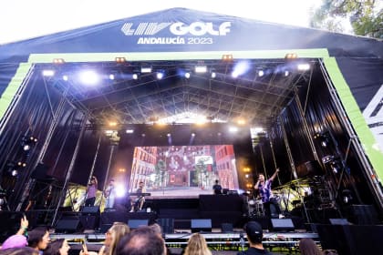 Beret performs for the crowd after the second round of LIV Golf Andalucía at the Real Club Valderrama on Saturday, July 01, 2023 in San Roque, Spain.  (Photo by Chris Trotman/LIV Golf)