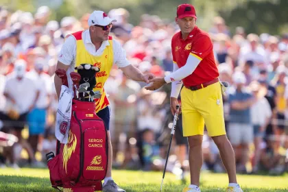 Captain Sergio Garcia of Fireballs GC and caddie, Neil Wallace, on the 18th hole during a playoff of the final round of LIV Golf Andalucía at Real Club Valderrama on Sunday, July 14, 2024 in San Roque, Spain. (Photo by Pedro Salado/LIV Golf)