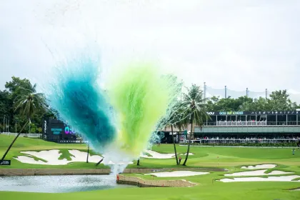 Overview shot of the first tee during the start of second round of LIV Golf Singapore at Sentosa Golf Club on Saturday, May 04, 2024 in Sentosa, Singapore. (Photo by Charles Laberge/LIV Golf)