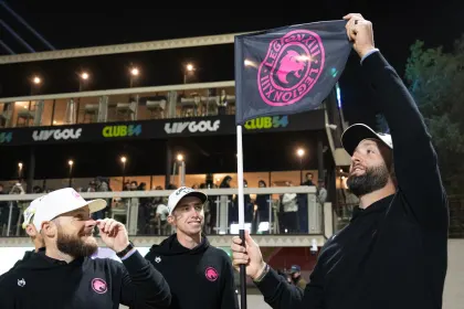 First place team champions Caleb Surratt of Legion XIII, Tom McKibbin of Legion XIII, Captain Jon Rahm of Legion XIII and Tyrrell Hatton of Legion XIII replace the flag on the 18th green after the final round of LIV Golf Riyadh at Riyadh Golf Club on Saturday, February 08, 2025 in Riyadh, Saudi Arabia. (Photo by Montana Pritchard/LIV Golf)